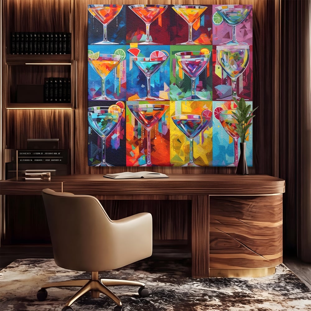 Tablou canvas cu tablou canvas cu pahare de cocktail, fara rama, pe sasiu de lemn, pe perete intr-un birou